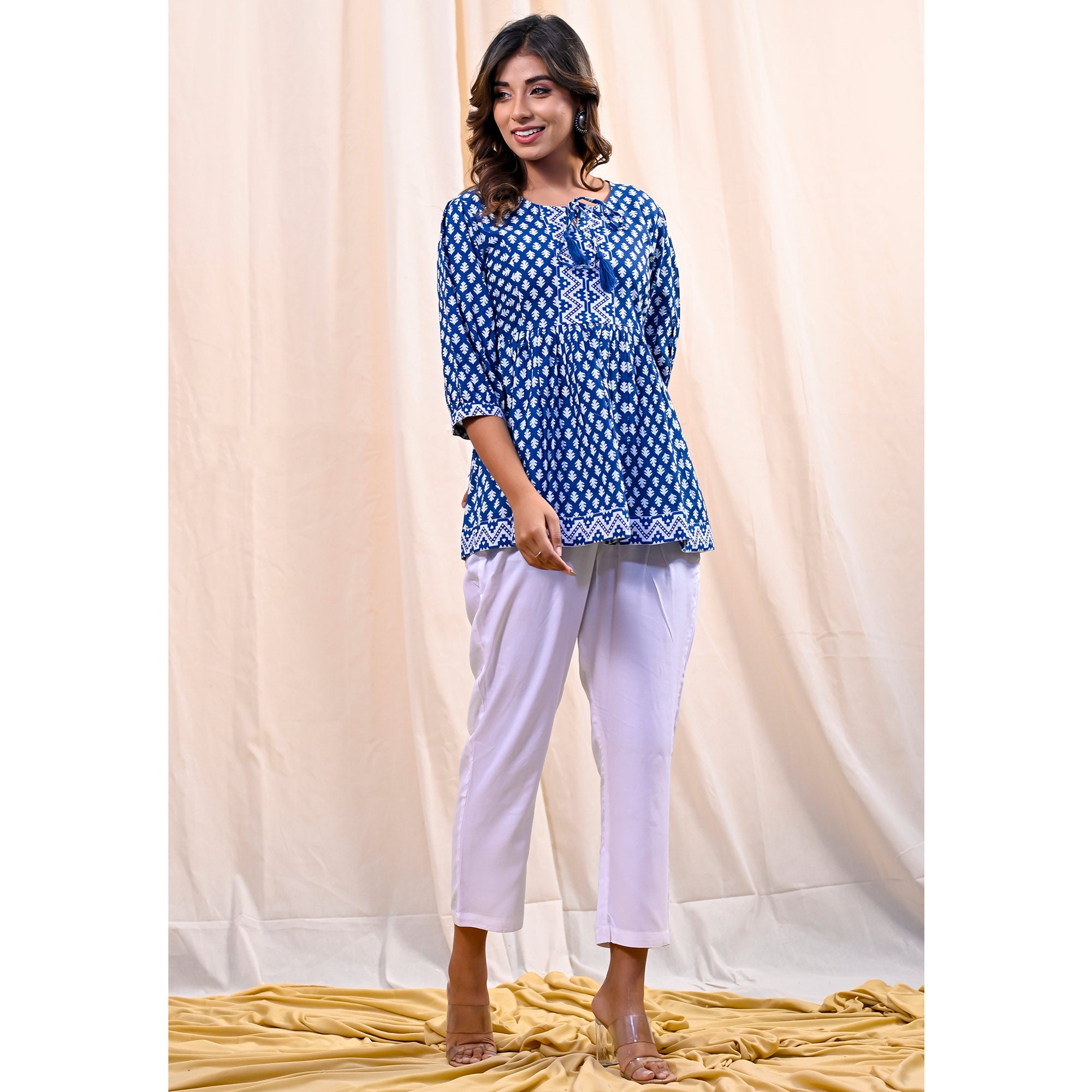 Blue Printed Pure Cotton Top