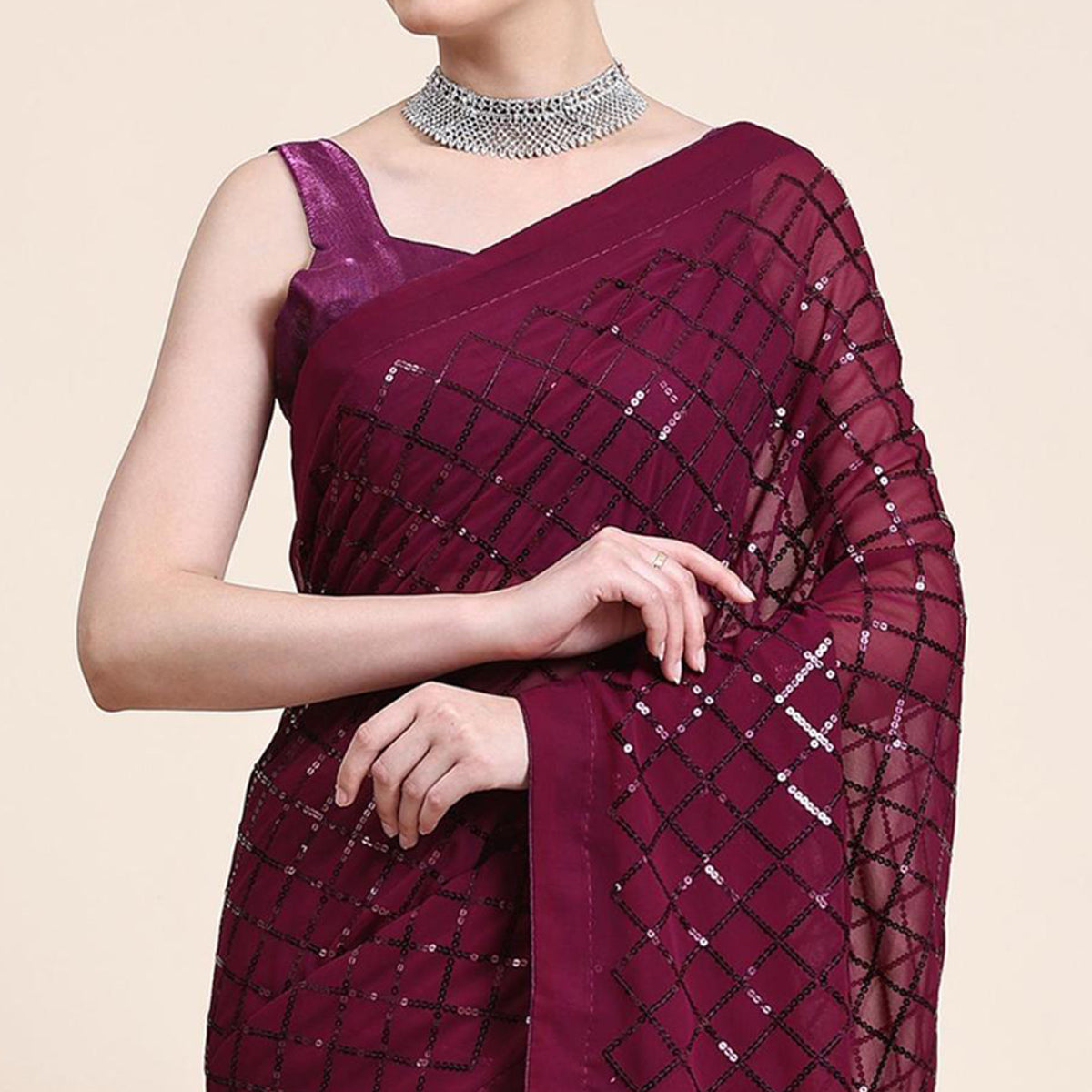 Wine Sequins Embroidered Georgette Saree