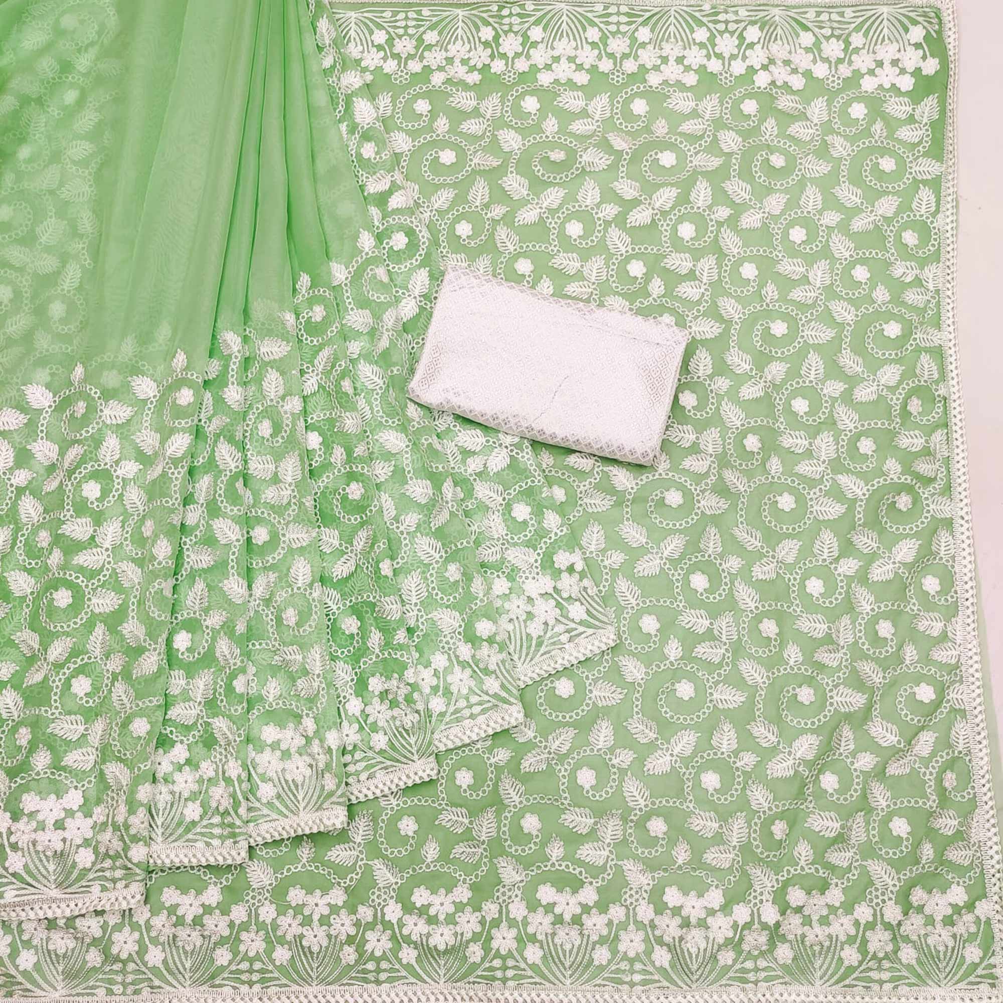 Green Lucknowi Embroidered Organza Saree