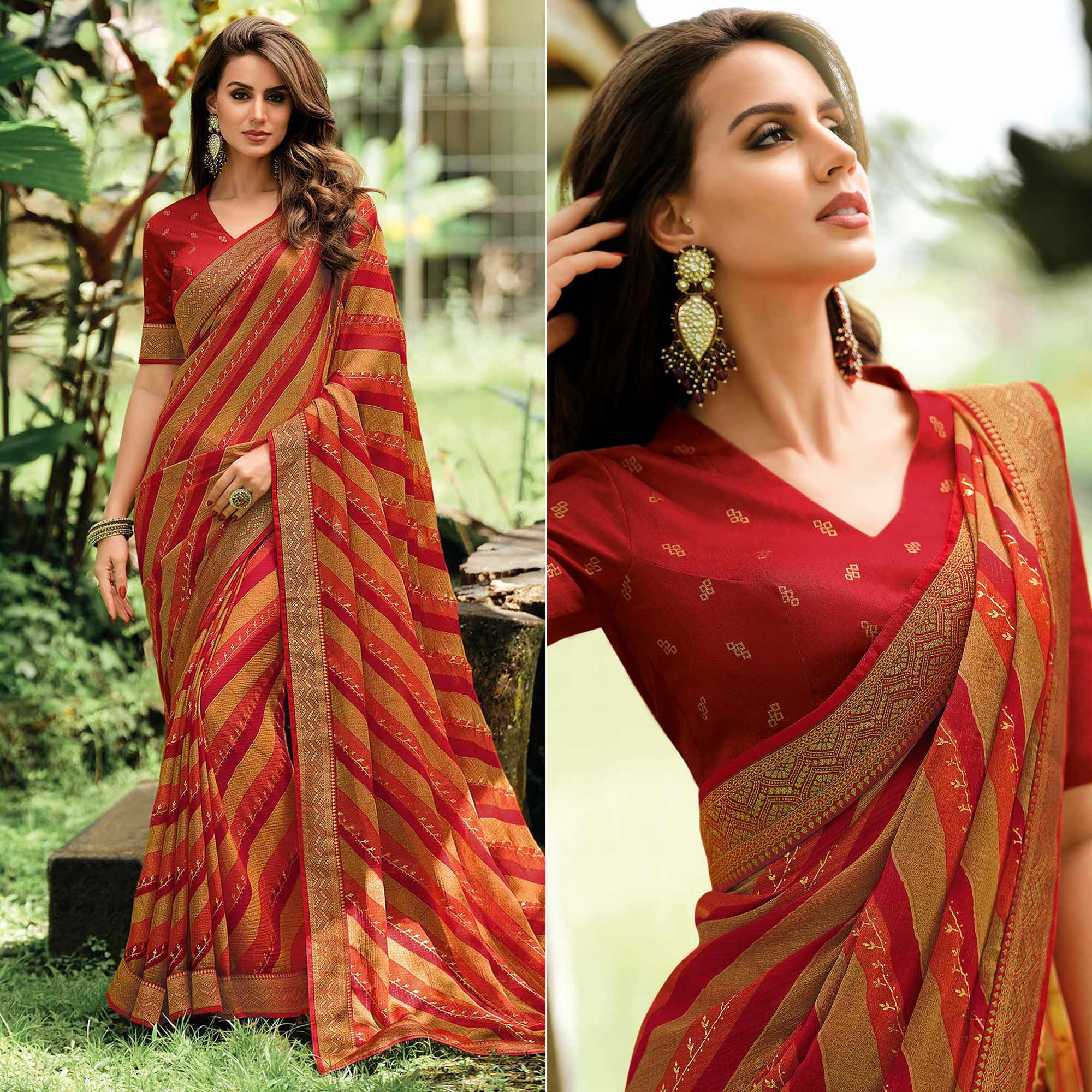 Red & Chikoo Foil Printed Chiffon Saree