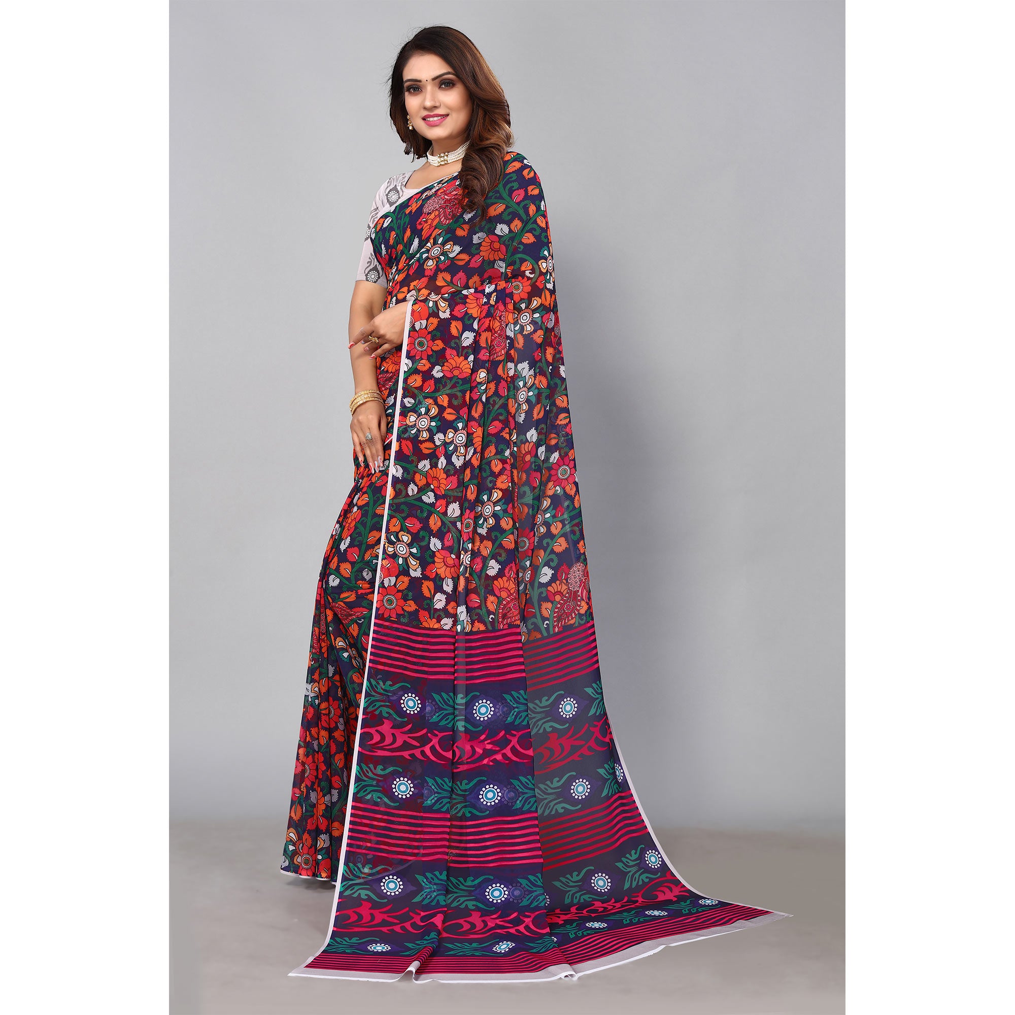 Navy Blue Digital Printed Georgette Saree