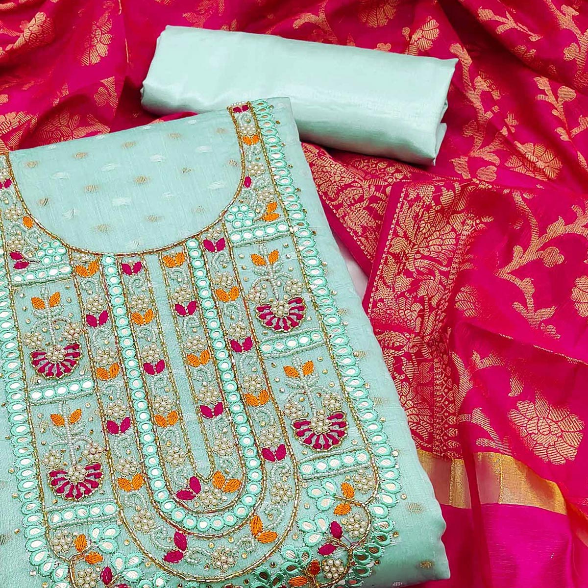 Light Aqua Blue Woven With Handwork Banarasi Silk Dress Material