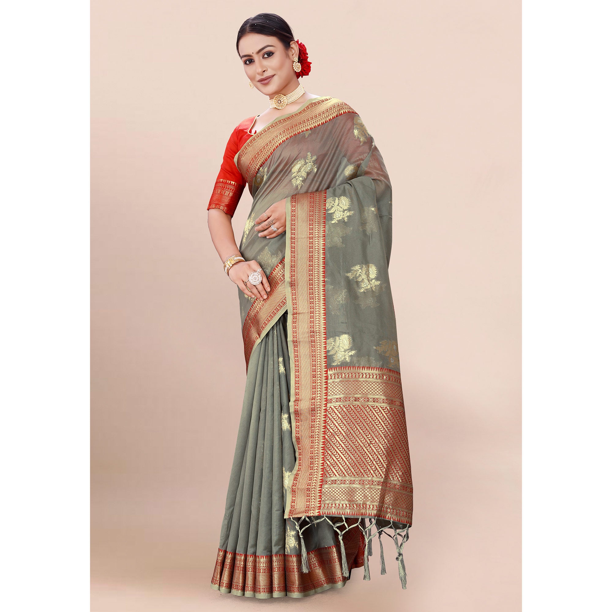 Grey Woven Organza Saree With Tassels