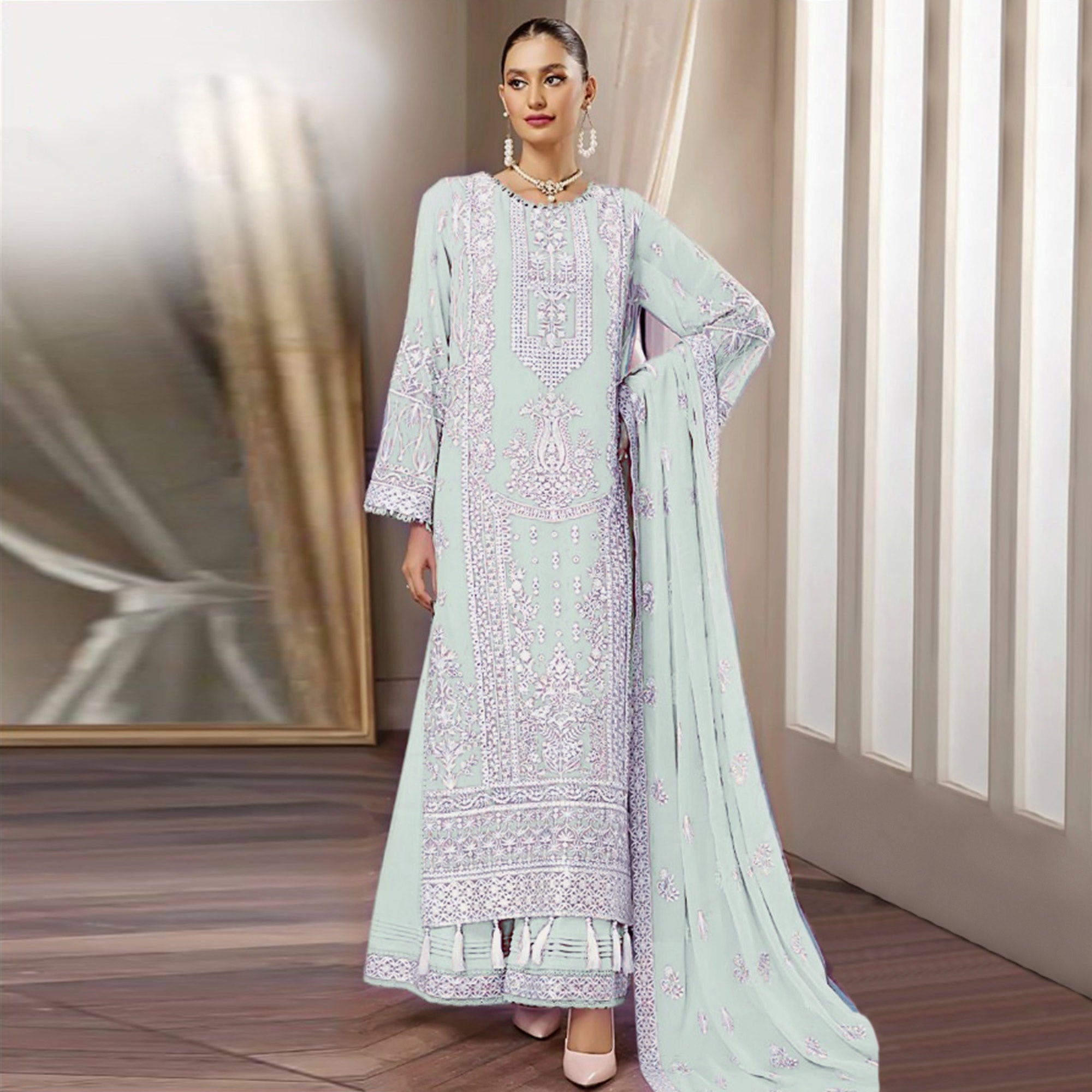 Light Pista Floral Embroidered Georgette Pakistani Suit