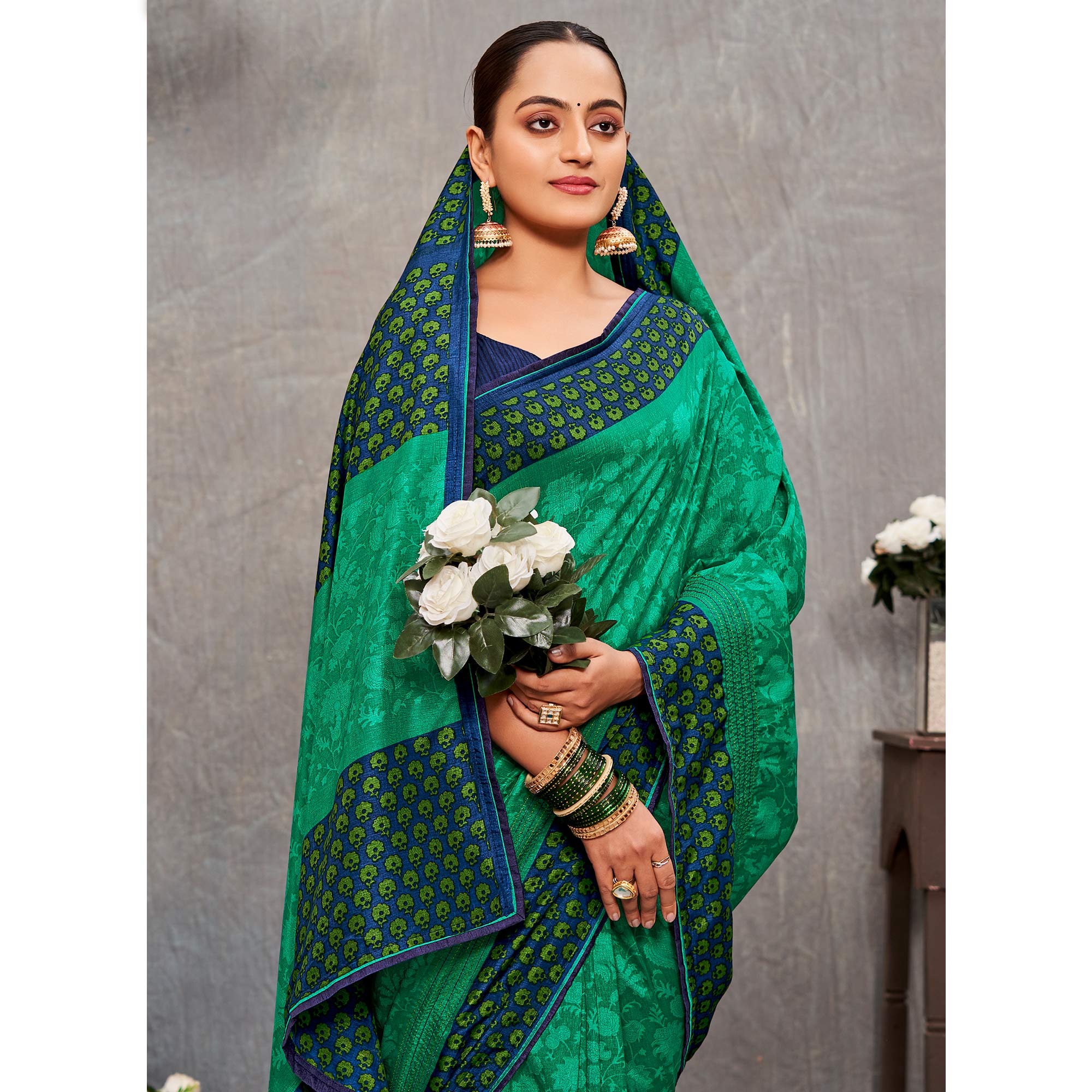 Green Printed With Embroidery Tussar Silk Saree