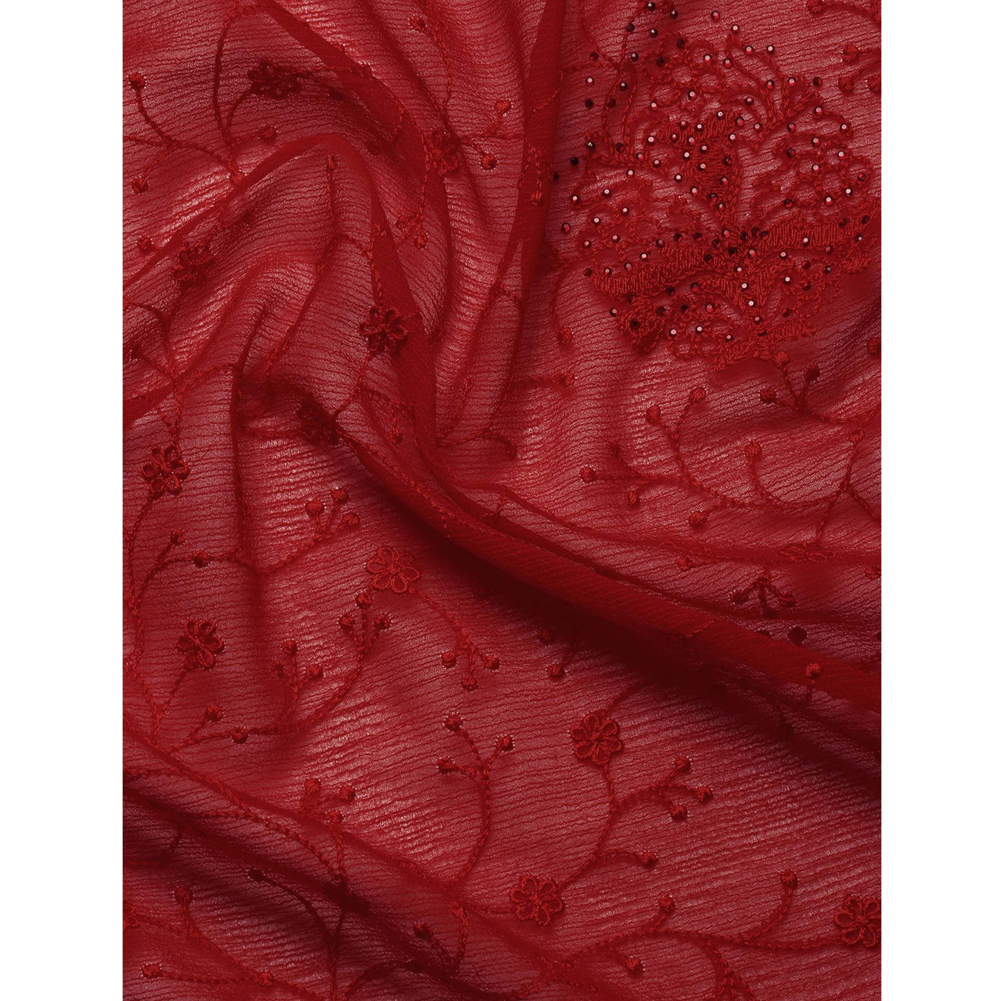 Red Floral Embroidered Zomato Silk Saree