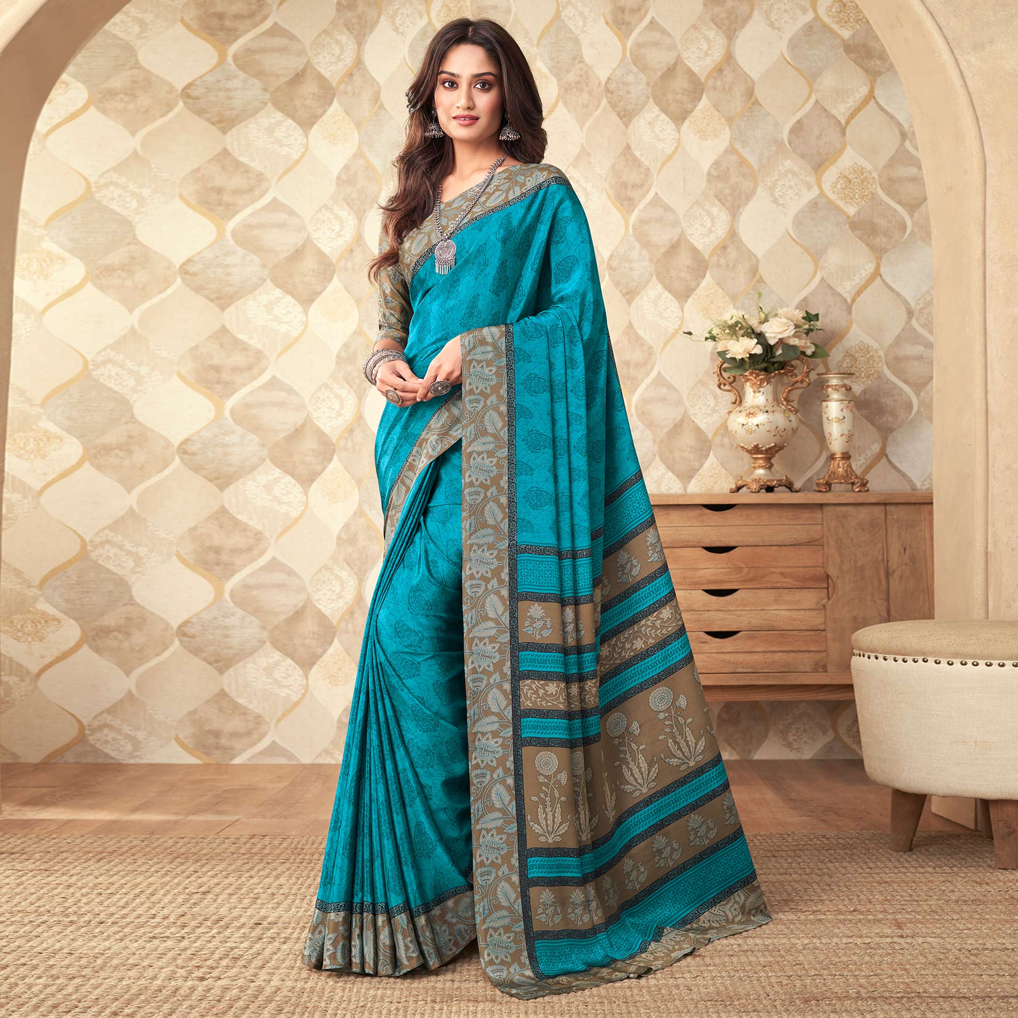 Blue Printed Crepe Saree