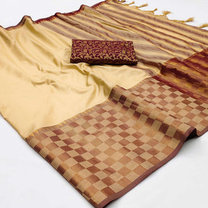 Chikoo Woven Cotton Silk Saree With Tassels