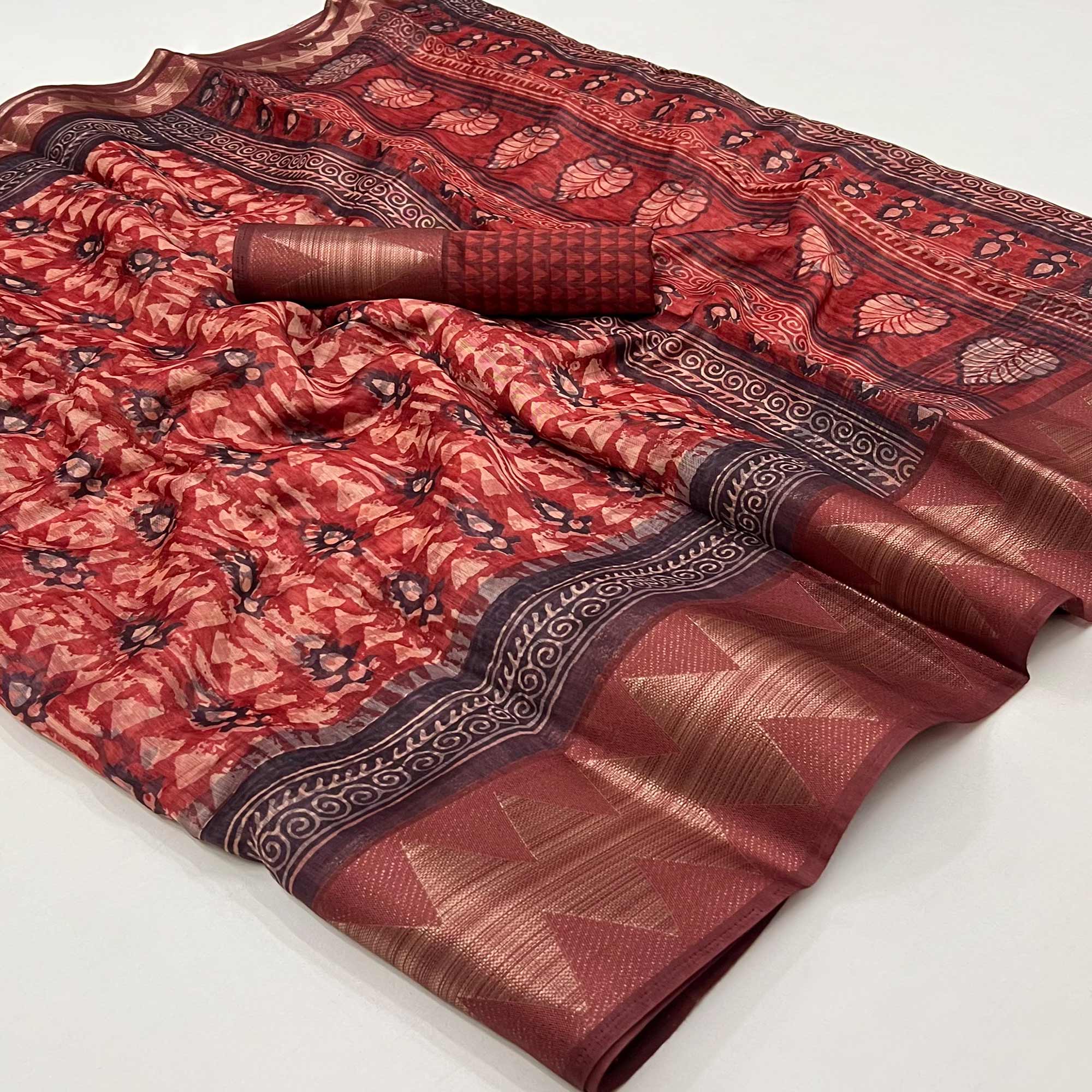 Maroon Floral Digital Printed Pure Cotton Saree