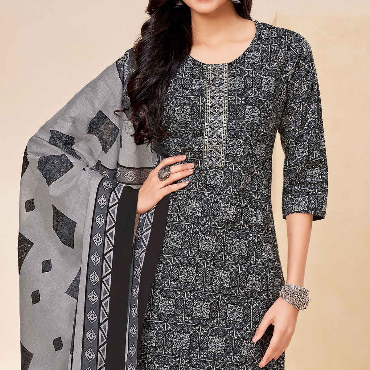 Black Printed With Tie Embroidered Pure Cotton Suit