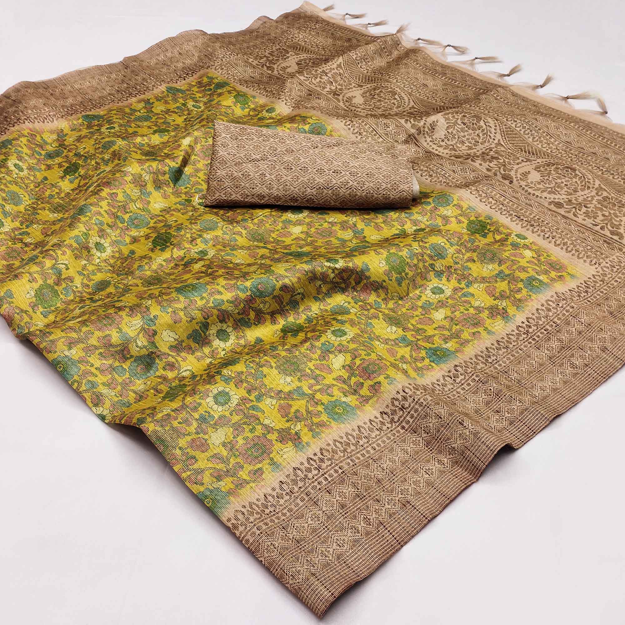 Yellow Floral Printed Cotton Silk Saree With Tassels