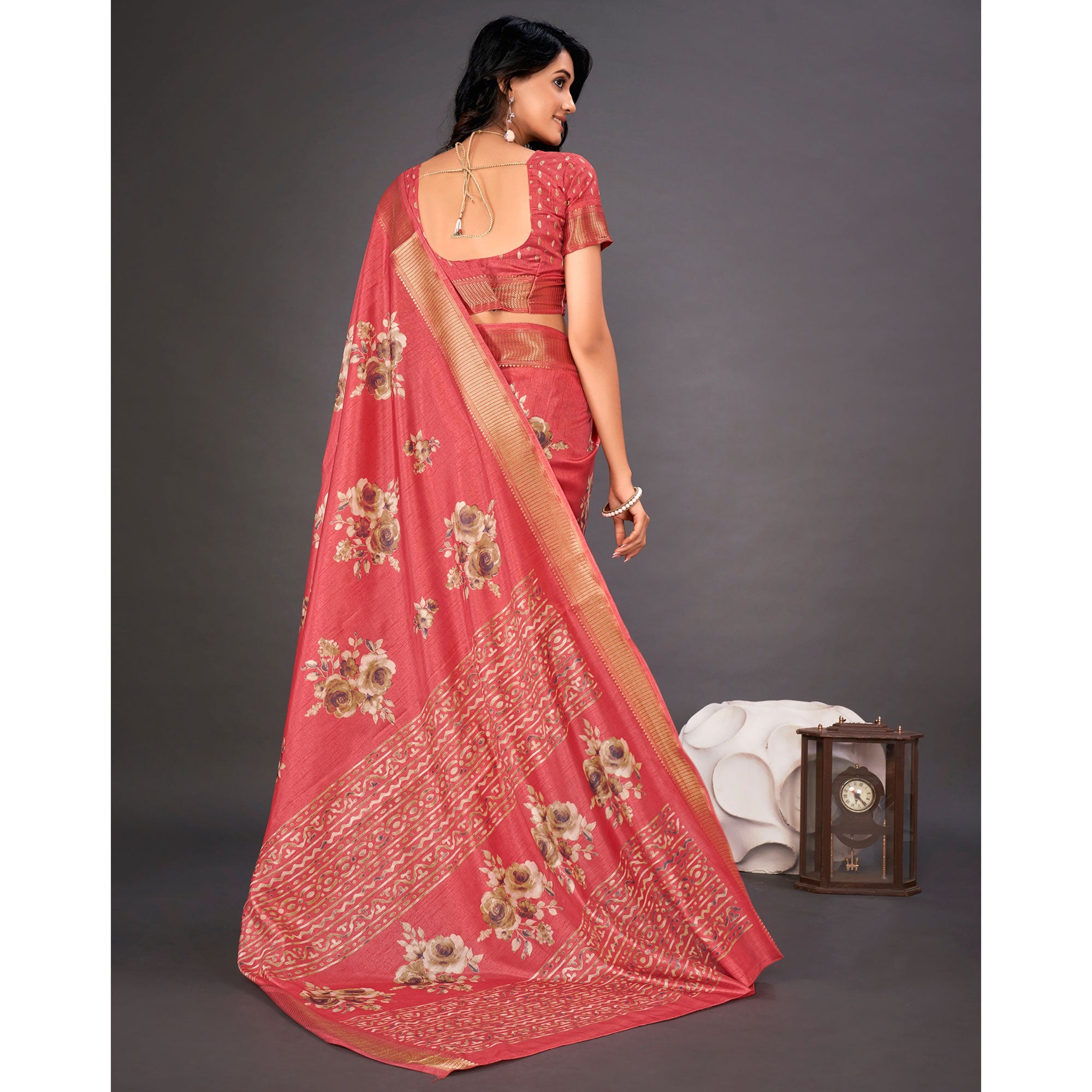 Pink Floral Printed Dola Silk Saree
