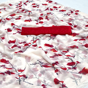 White Red Floral Printed Georgette Saree