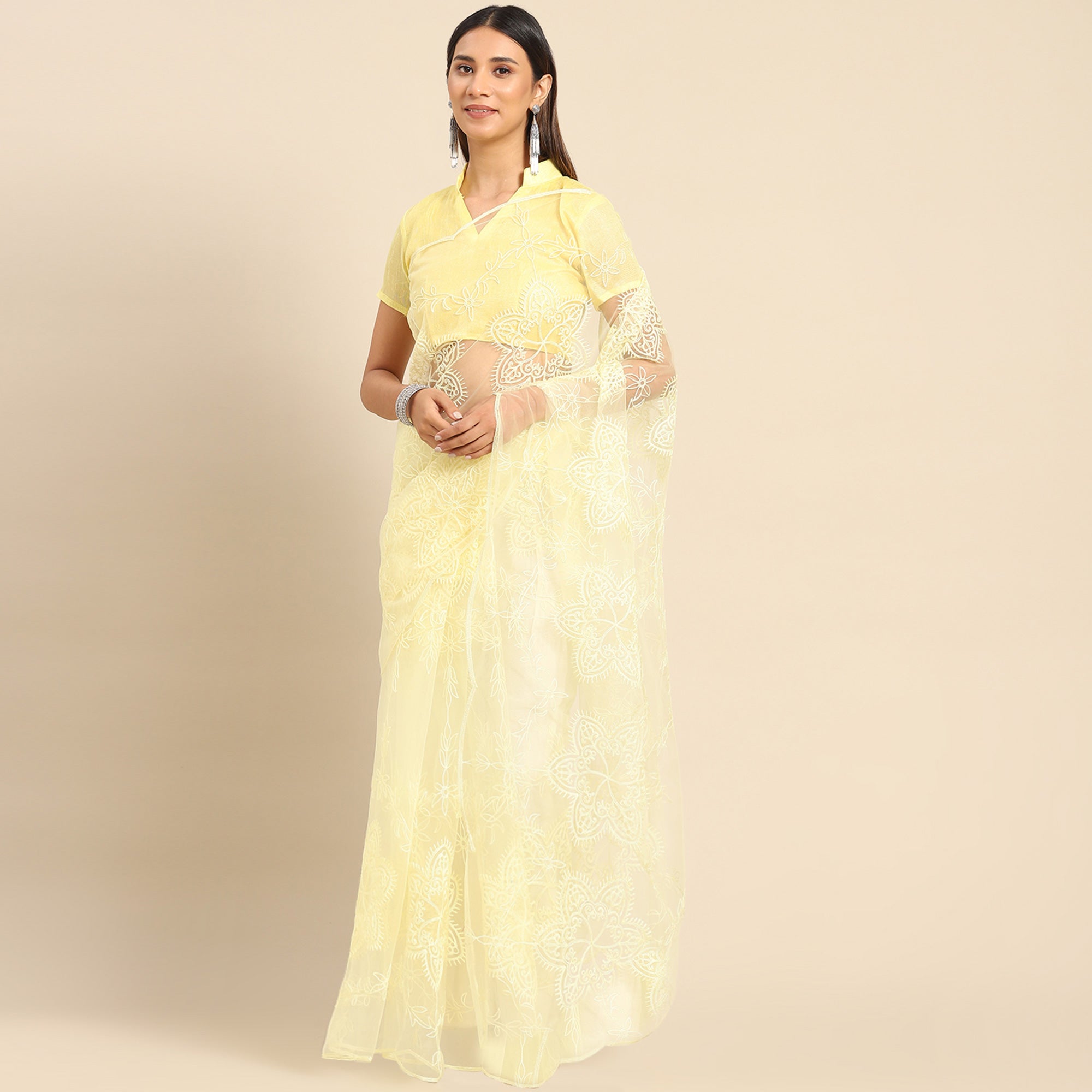 Yellow Floral Embroidered Net Saree