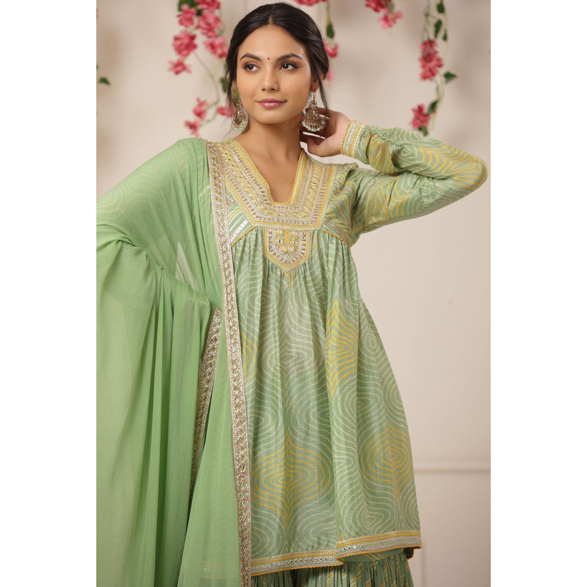 Green Printed With Embroidered Chiffon Sharara Suit