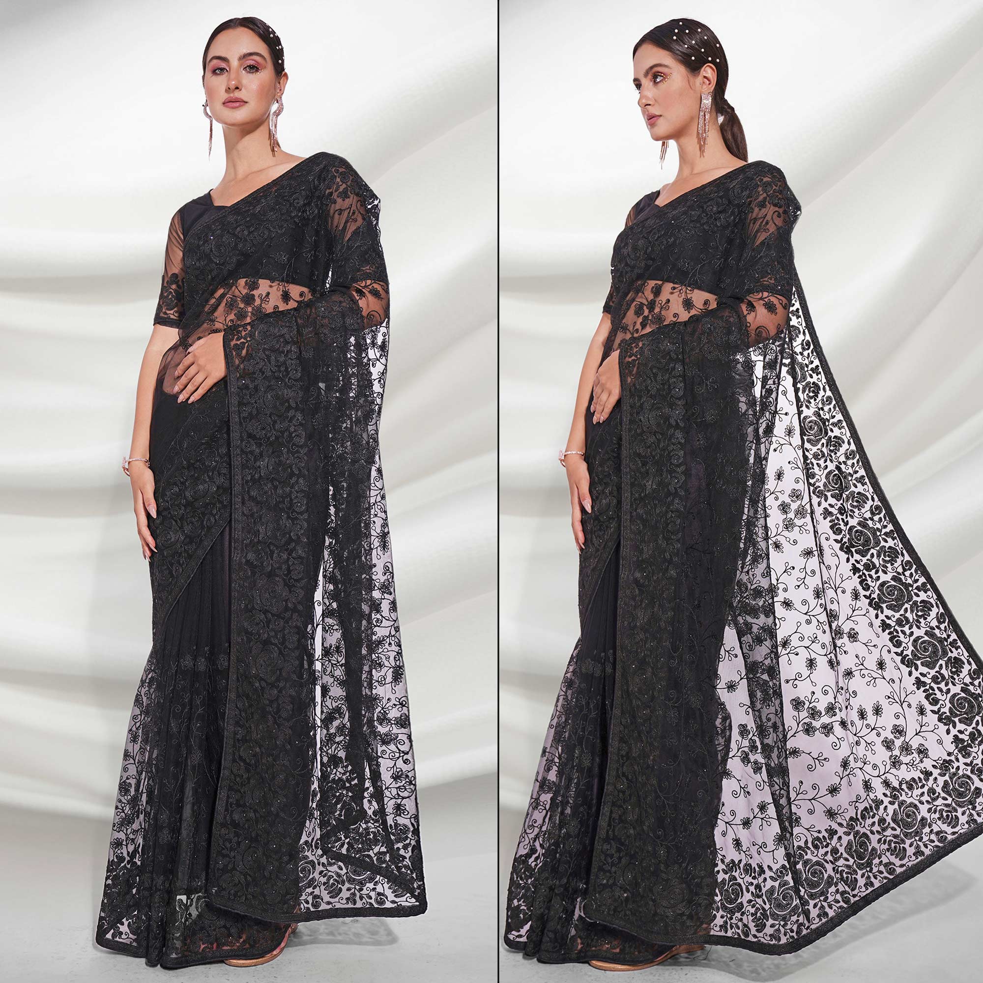 Black Floral Embroidered Net Saree