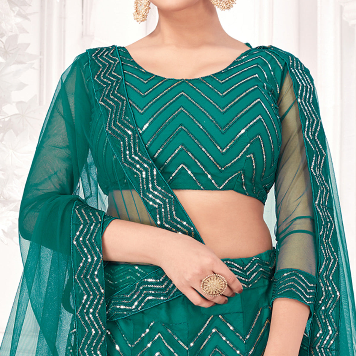 Rama Green Sequins Embroidered Netted Lehenga Choli