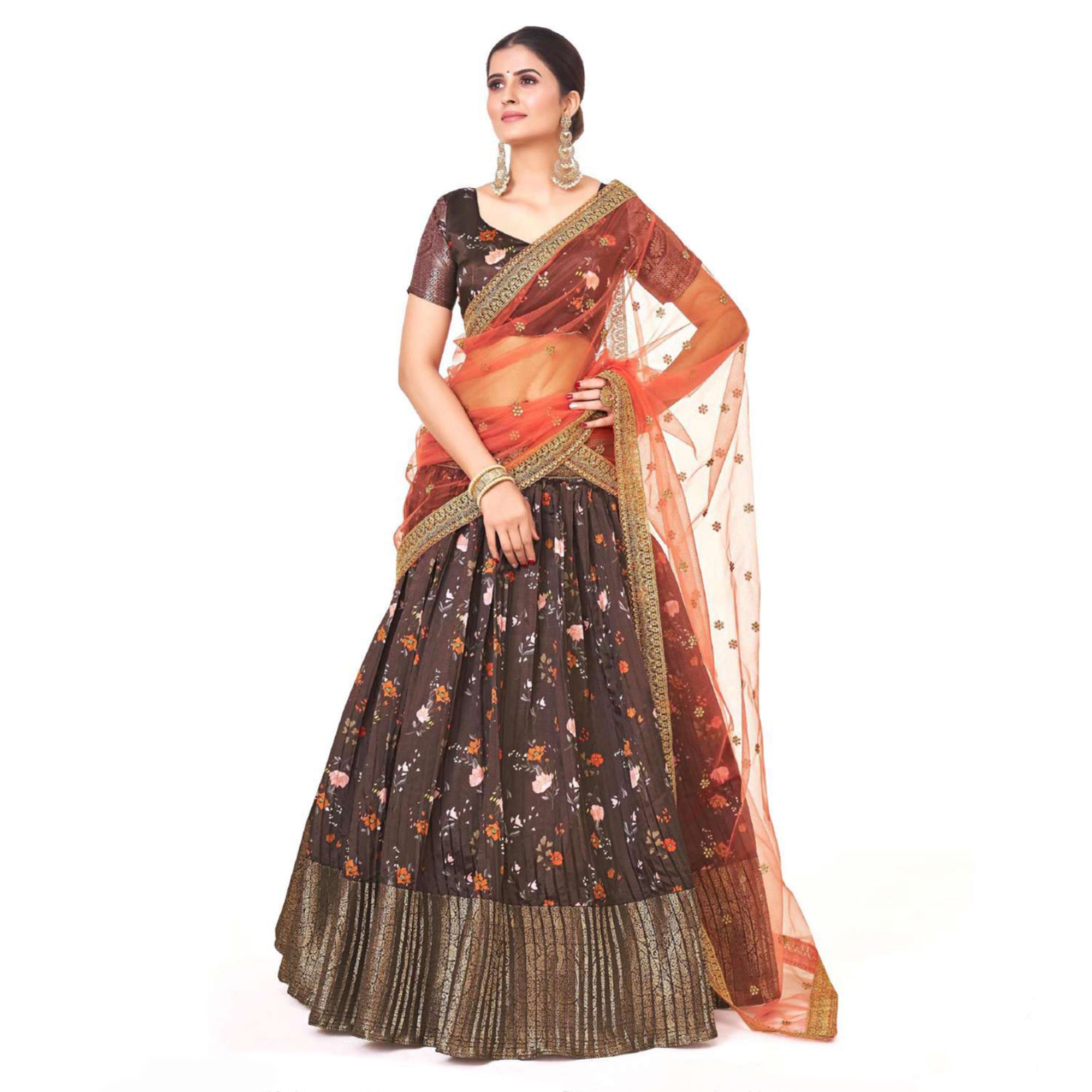 Brown Digital Printed With Zari Work Art Silk Lehenga Choli