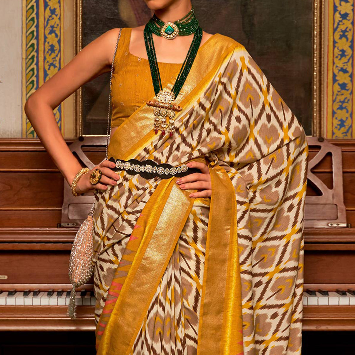 Mustard & Off White Printed Art Silk Saree