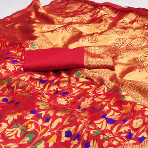 Red Floral Woven Art Silk Saree