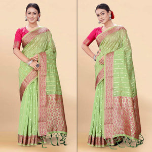 Green Woven Organza Saree With Tassels