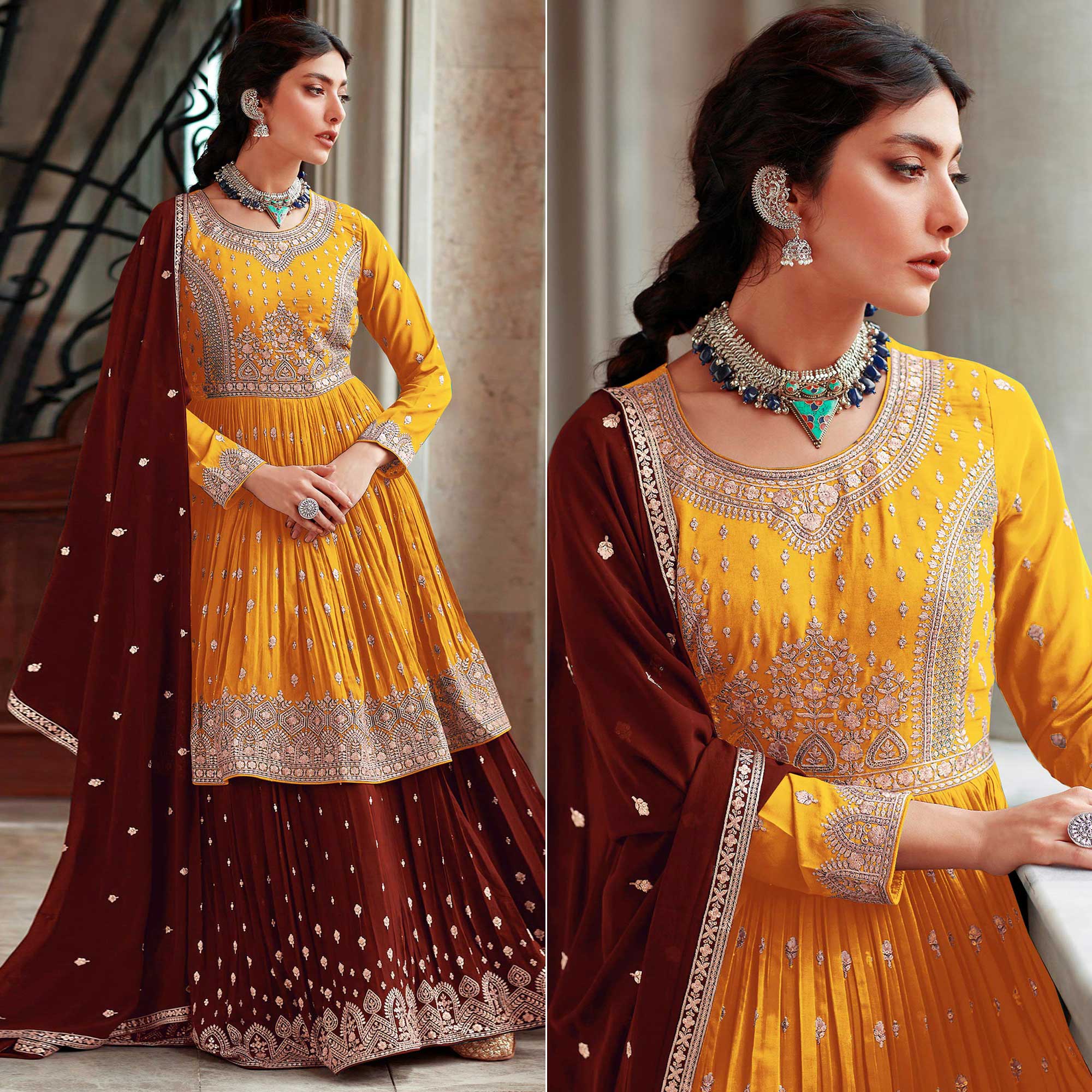 Mustard Floral Embroidered Georgette Sharara Suit