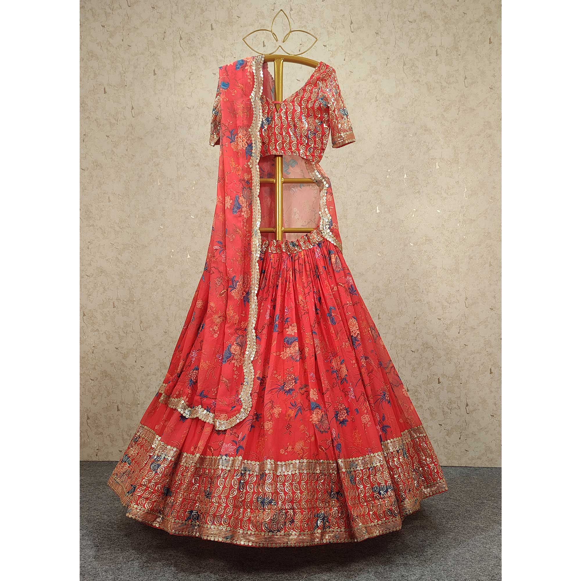 Coral Red Floral Printed And Sequins Work Georgette Lehenga Choli