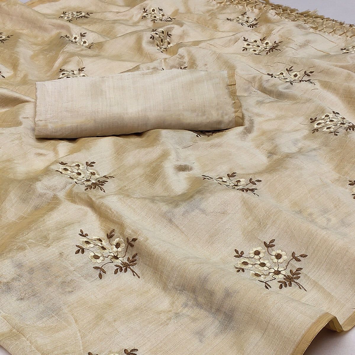 Cream Floral Embroidered Khaadi Saree