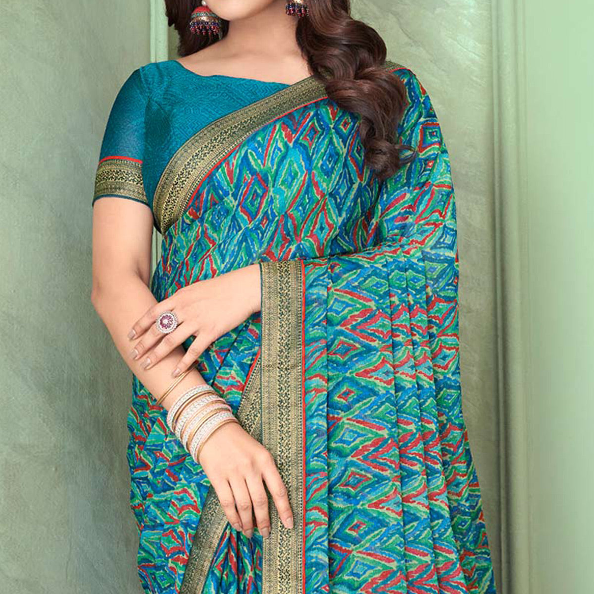 Rama Blue Digital Printed Chiffon Saree With Lace Border