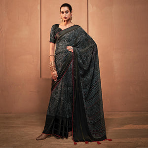 Black Printed Georgette Saree With Tassels