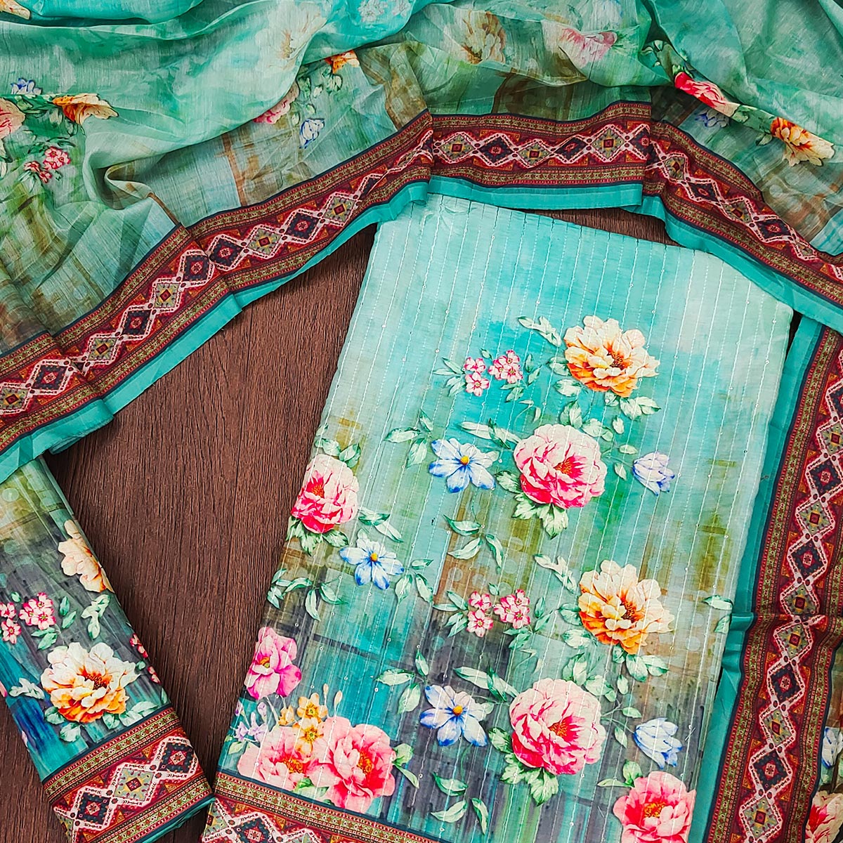 Rama Blue Floral Digital Printed Muslin Dress Material