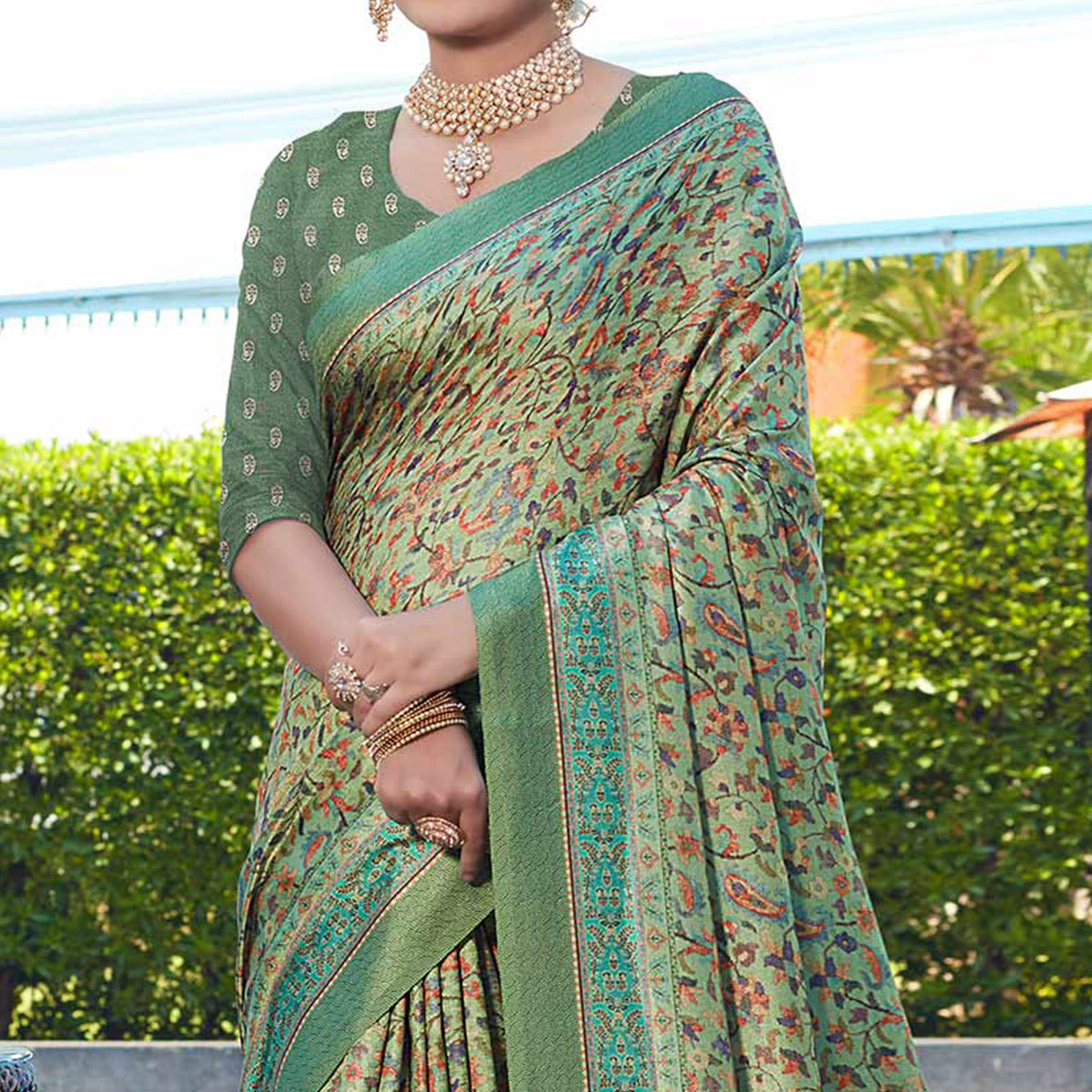 Sea Green Digital Printed Pashmina Saree