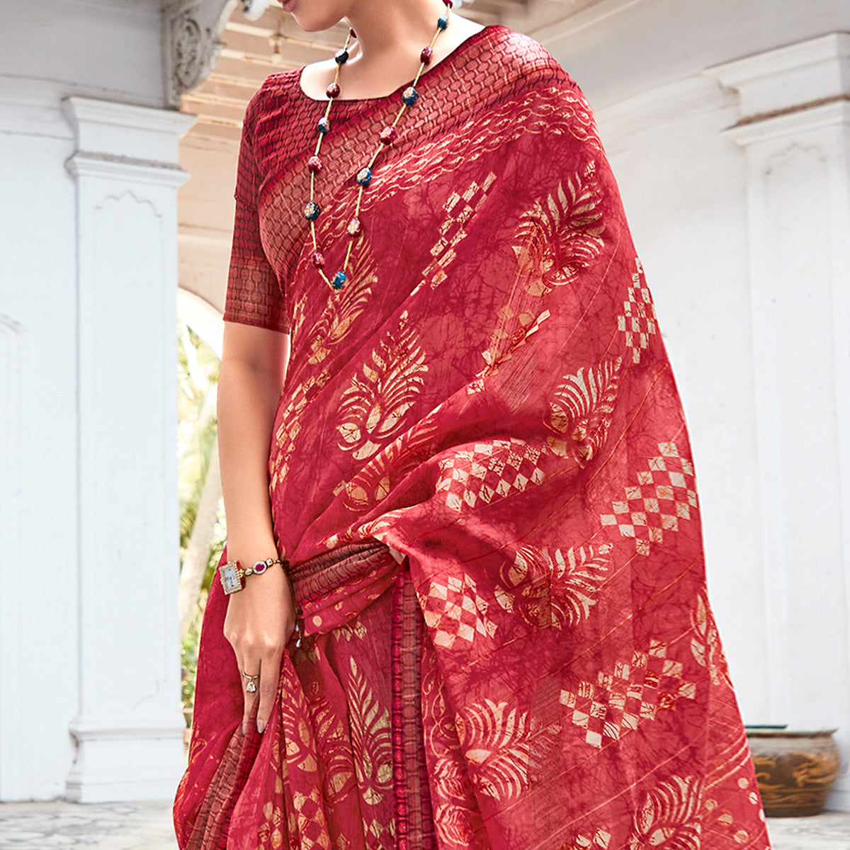Red Printed With Woven Border Cotton Saree