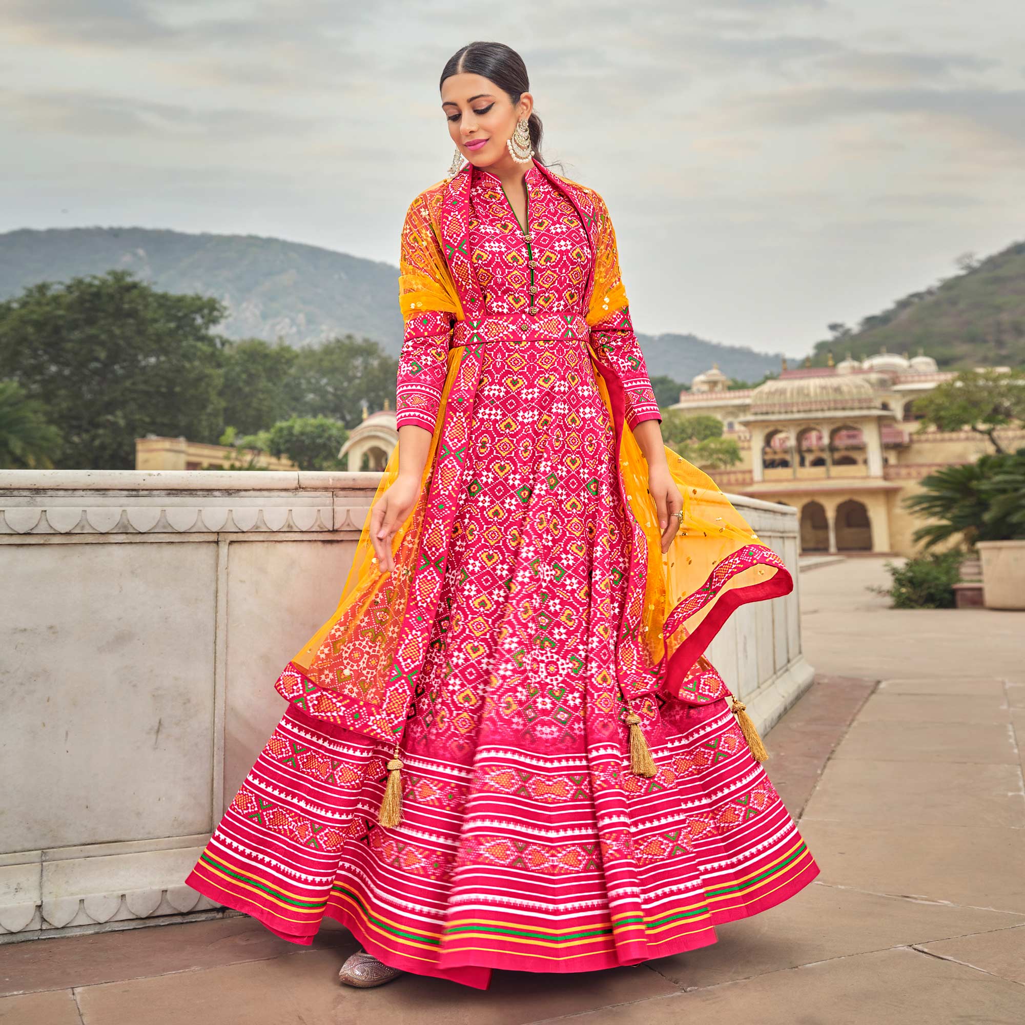 Pink Patola Digital Printed Dola Silk Gown