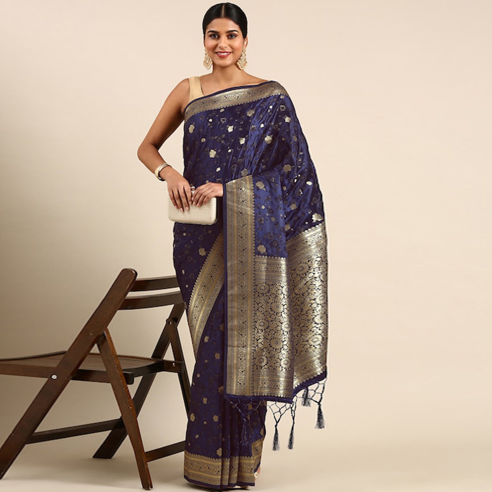 Navy Blue Woven Kanjivaram Silk Saree WithTassels