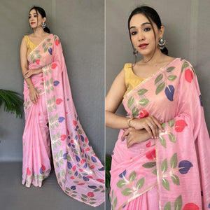 Pink Floral Woven Cotton Saree