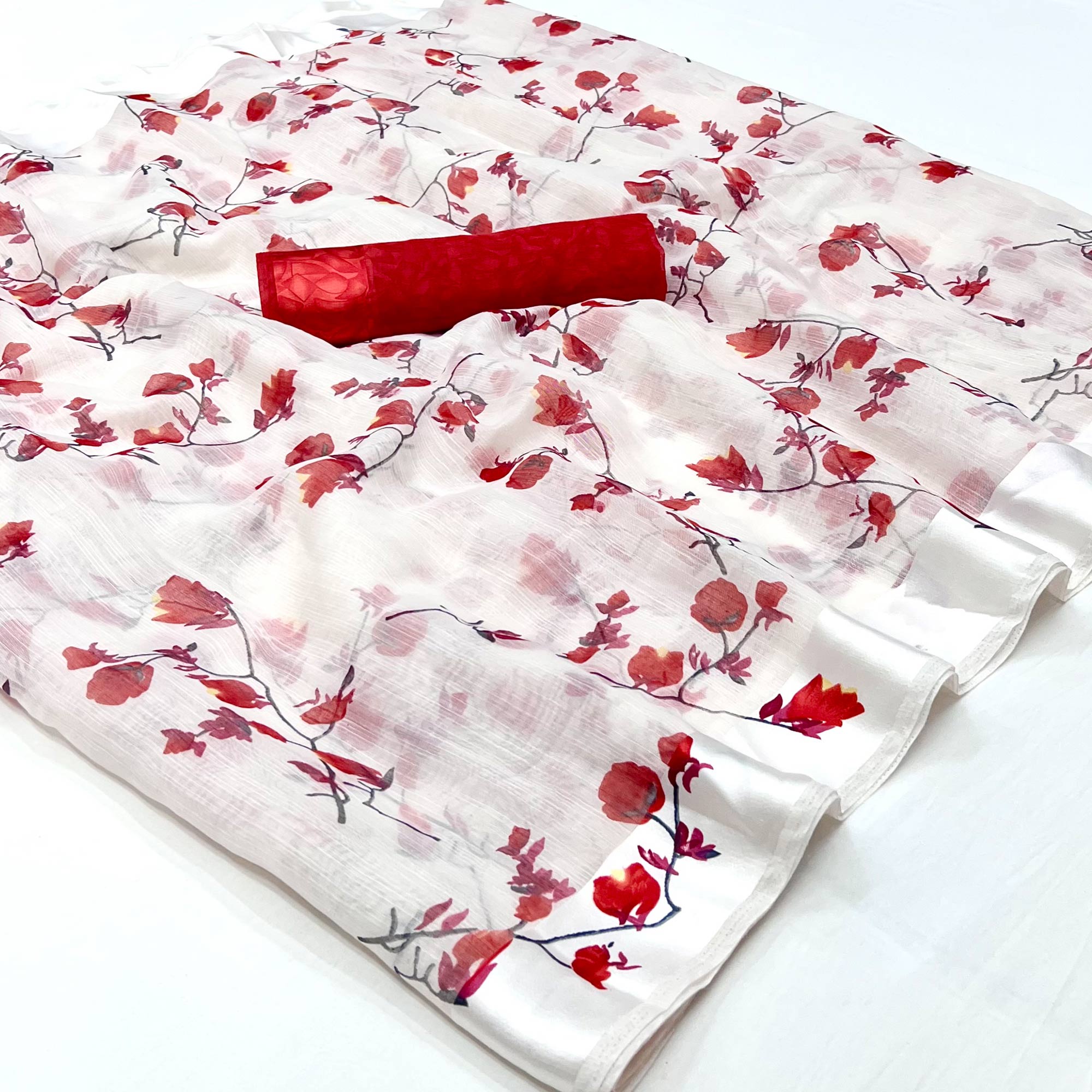 White Red Floral Printed Linen Saree