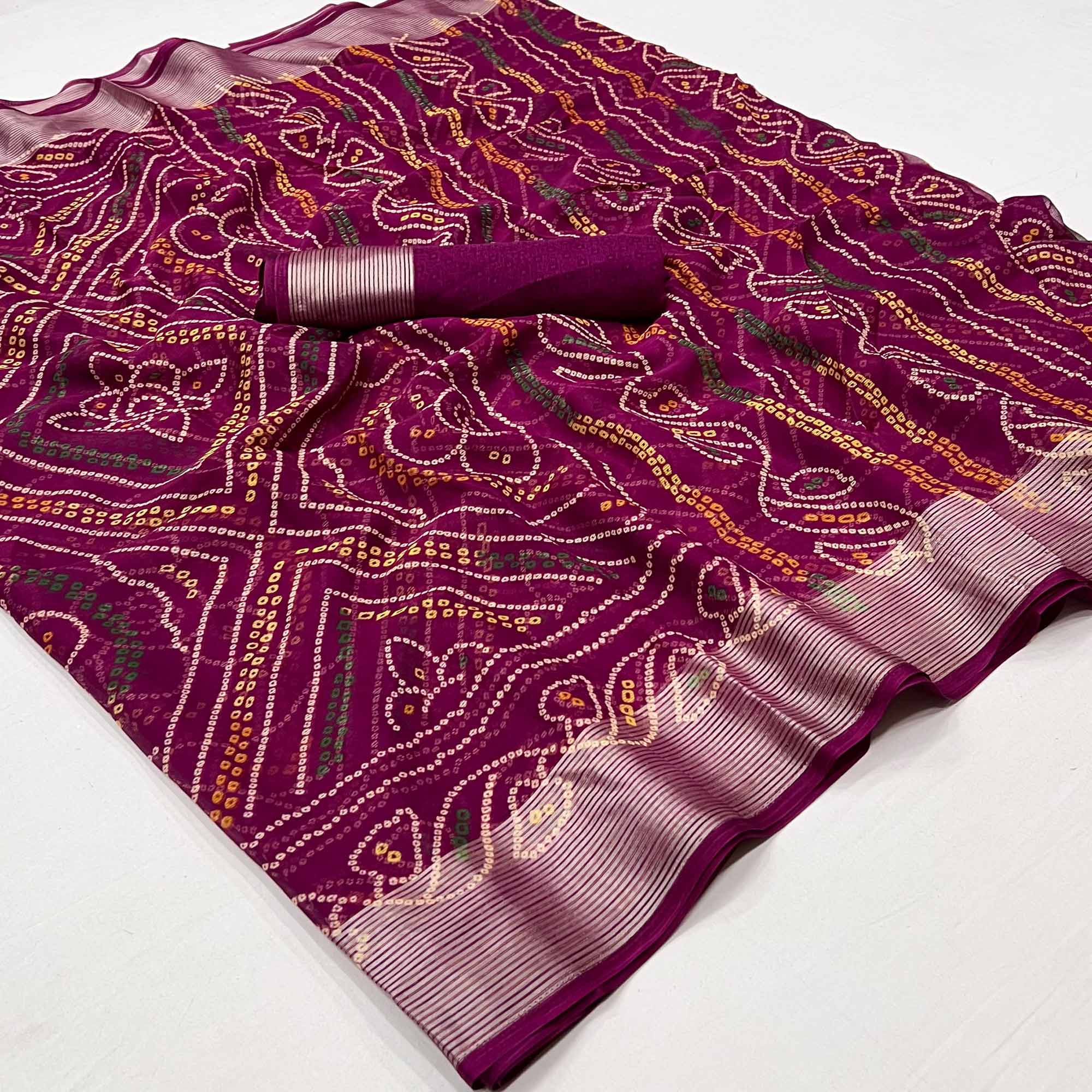 Purple Bandhani Printed Chiffon Saree