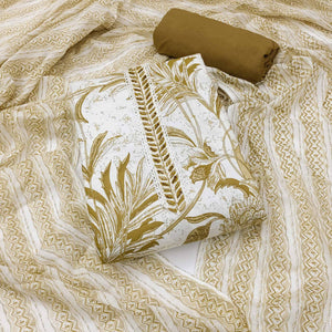 White & Mehendi Floral Printed Pure Cotton Dress Material