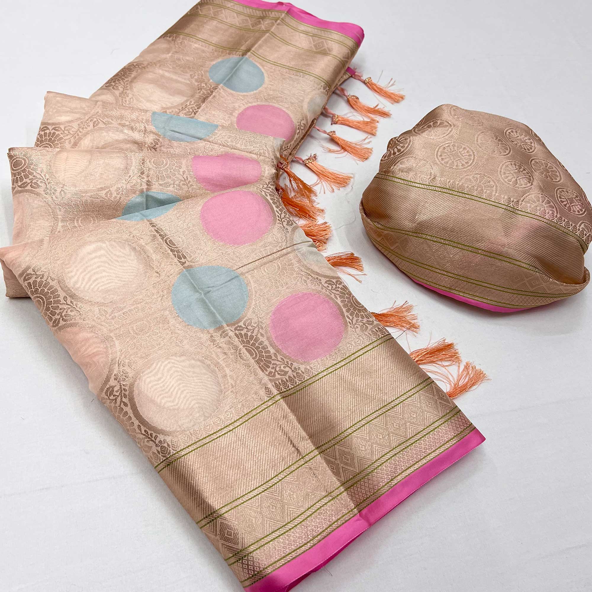 Peach Floral Woven Organza Saree With Tassels