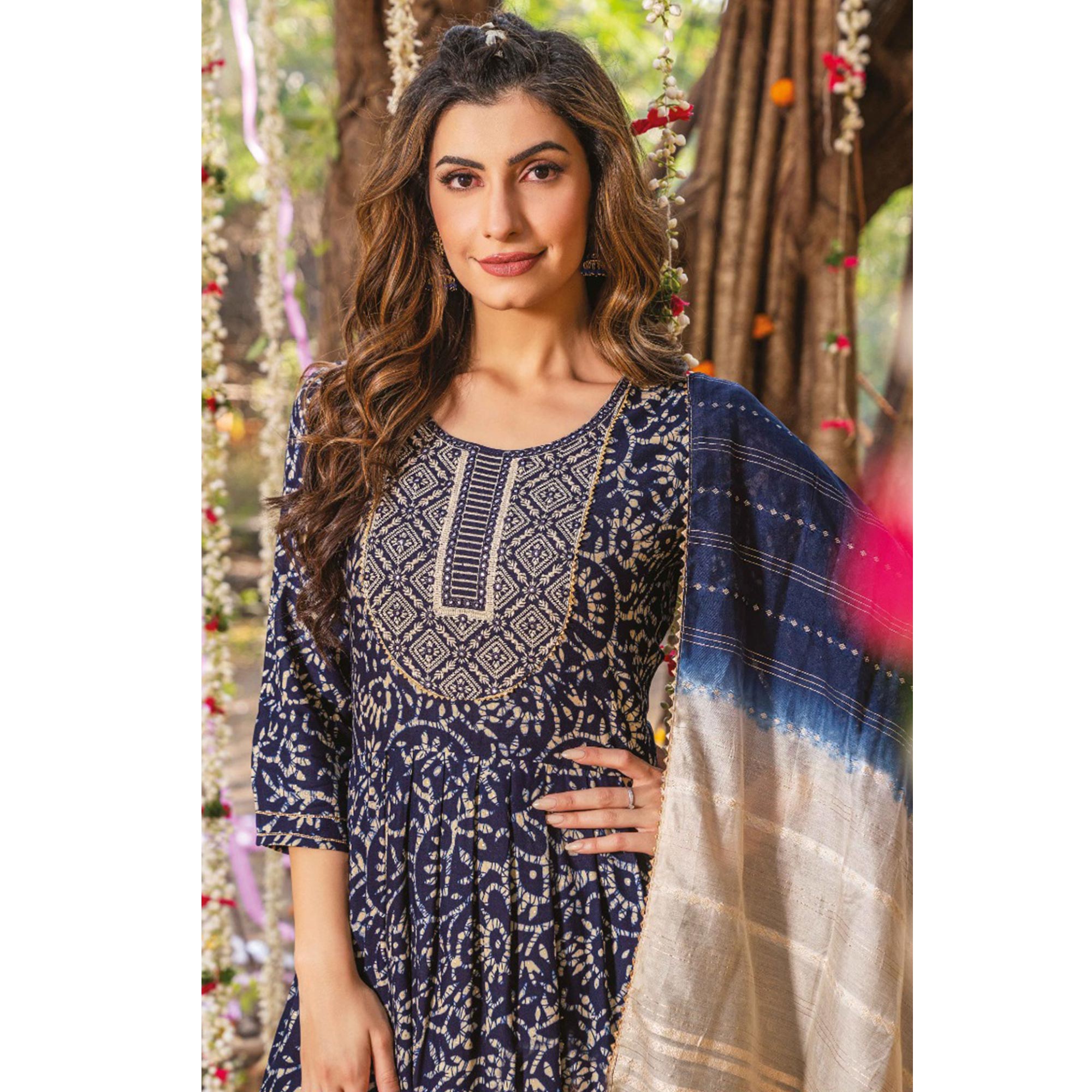 Navy Blue Printed Rayon Naira Cut Suit