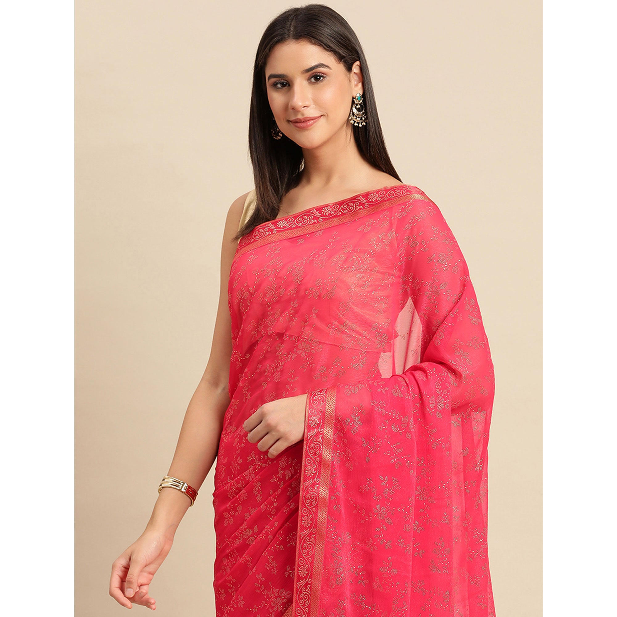 Pink Floral Foil Printed Shimmer Saree