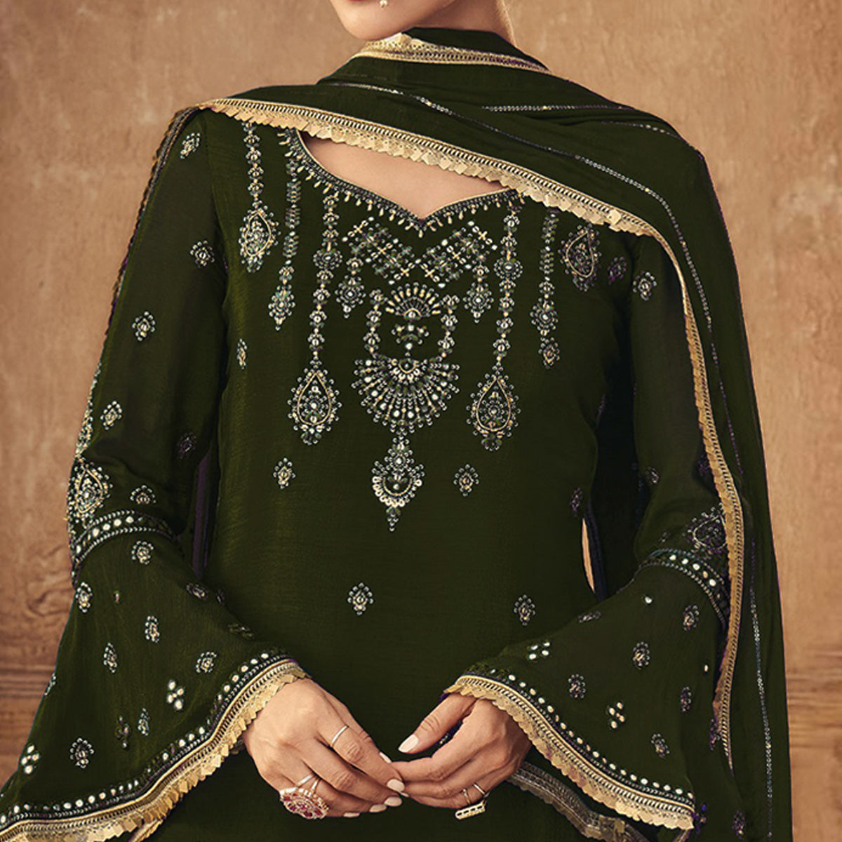Mehndi Green Sequins Embroidered Georgette Sharara Suit