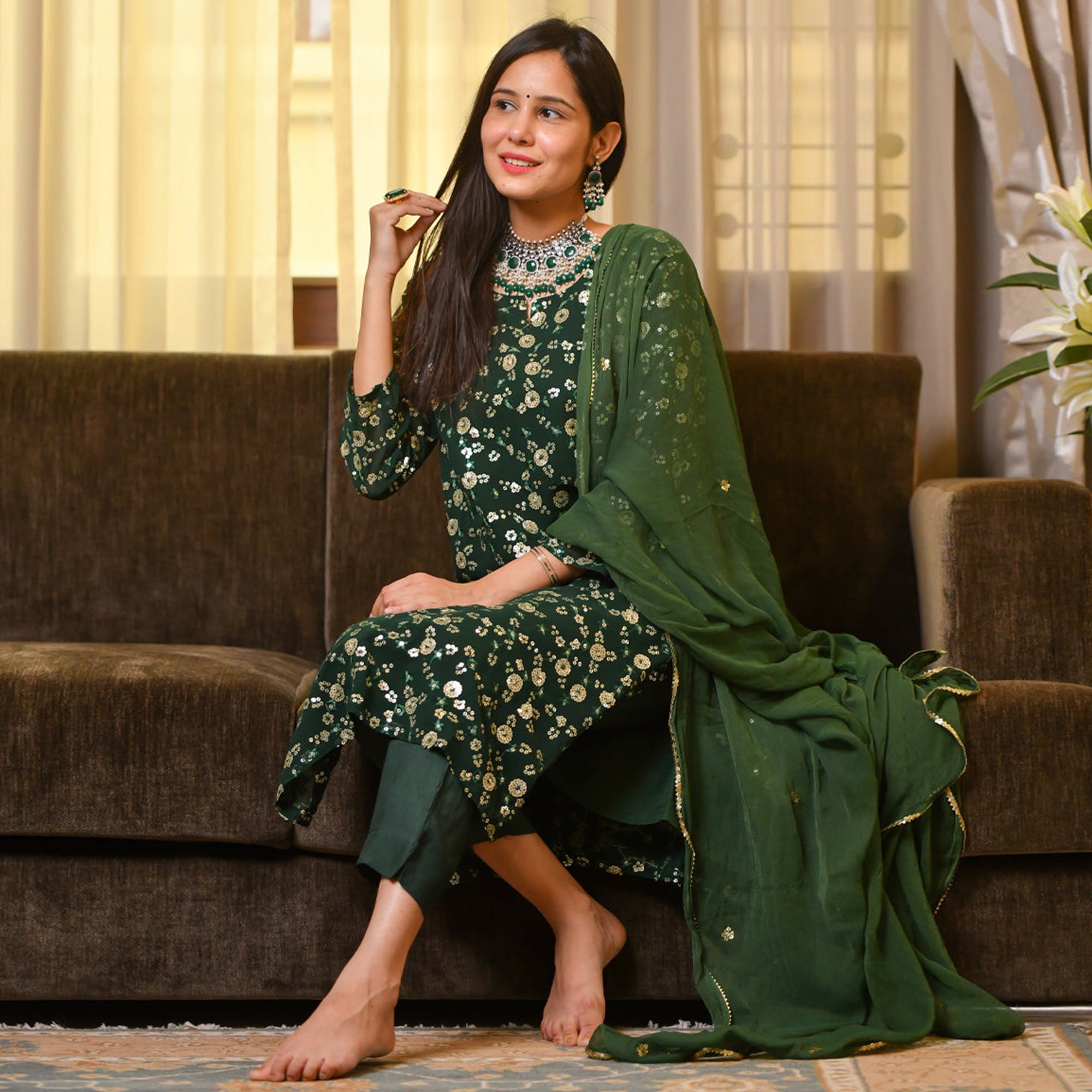 Green Sequins Embroidered Georgette Suit