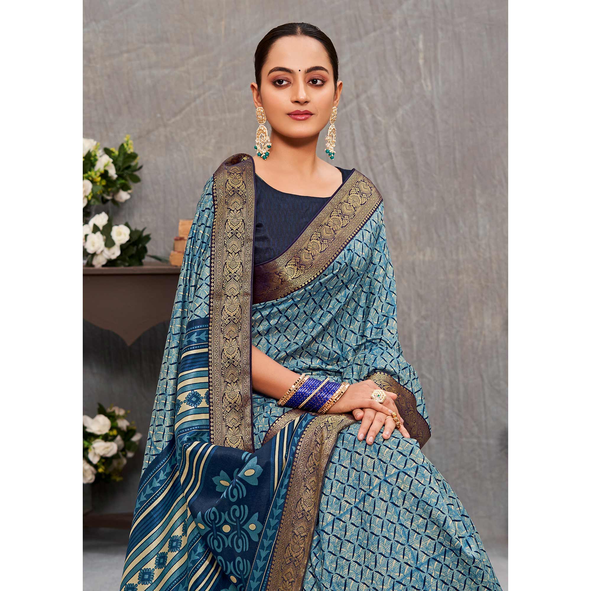 Multicolor Printed With lace Border Tussar Silk Saree