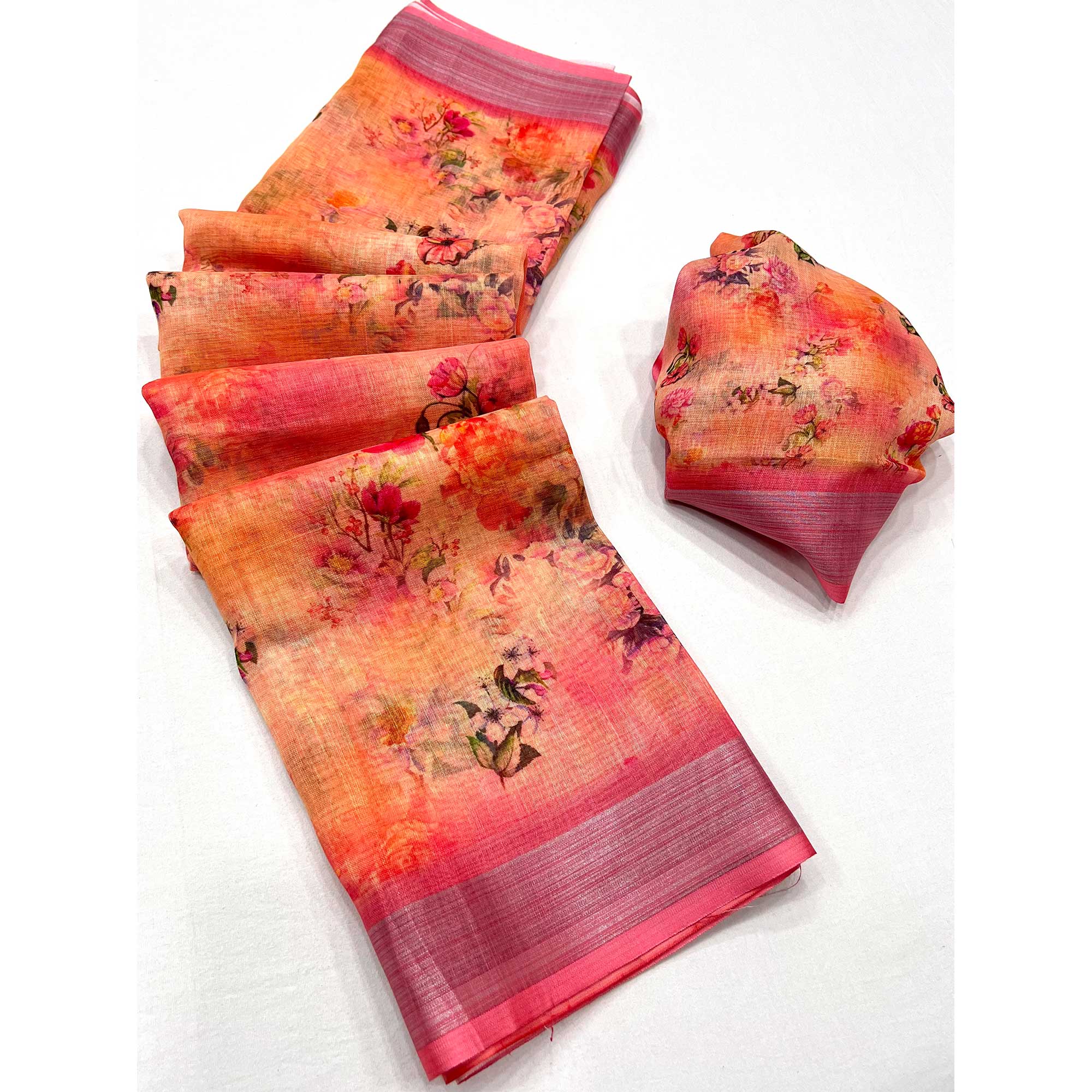 Multicolored Digital Printed Linen Saree