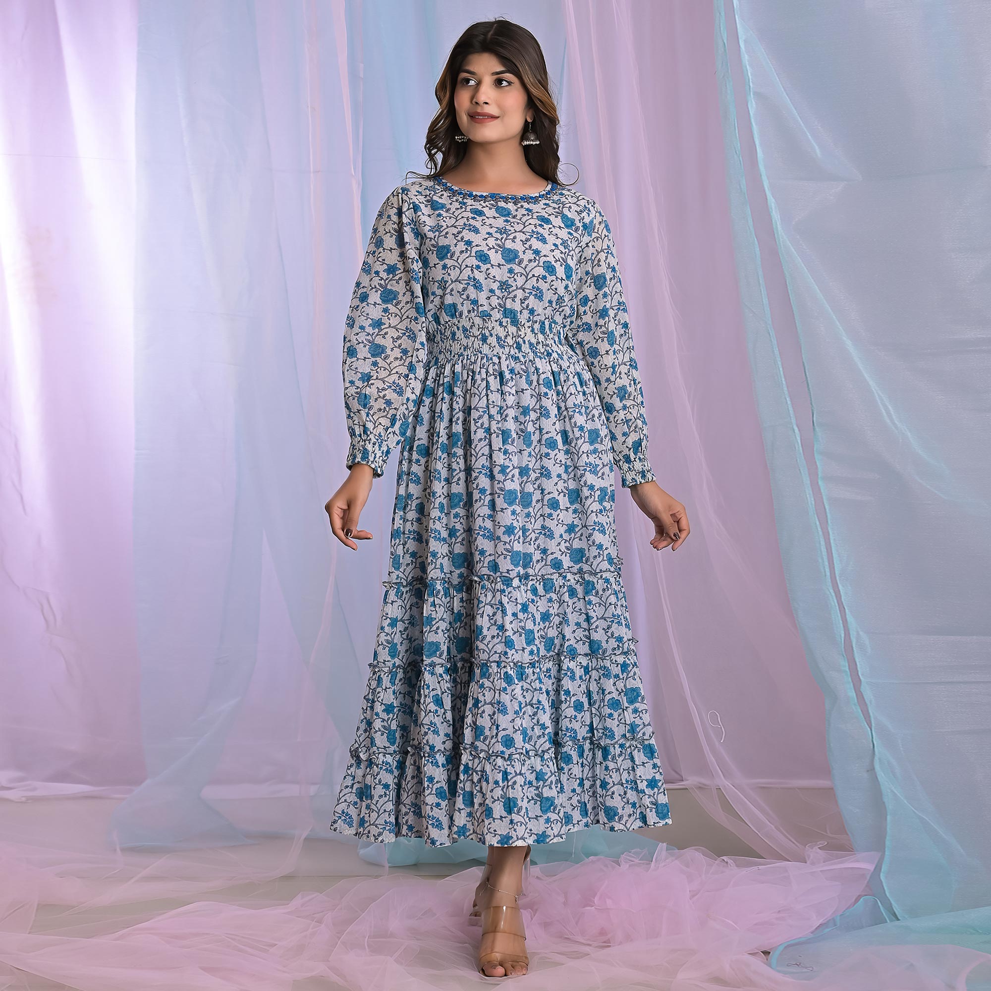 Blue Floral Printed Pure Cotton Dress