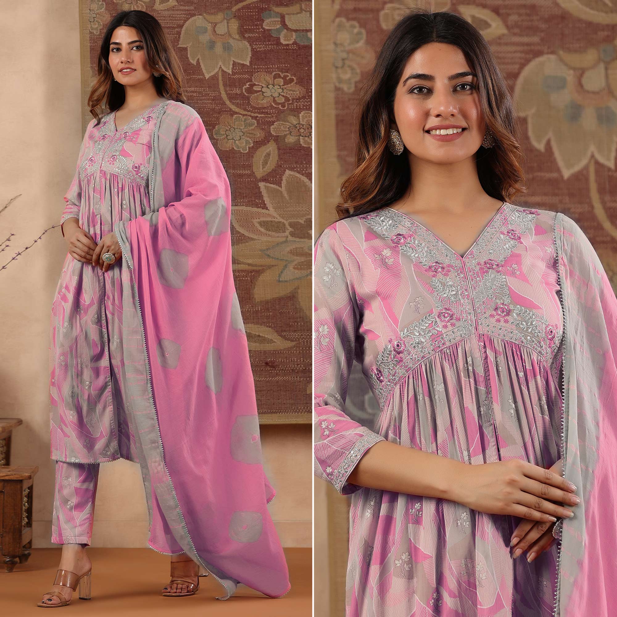 Pink Floral Printed With Embroidered Pure Cotton Suit