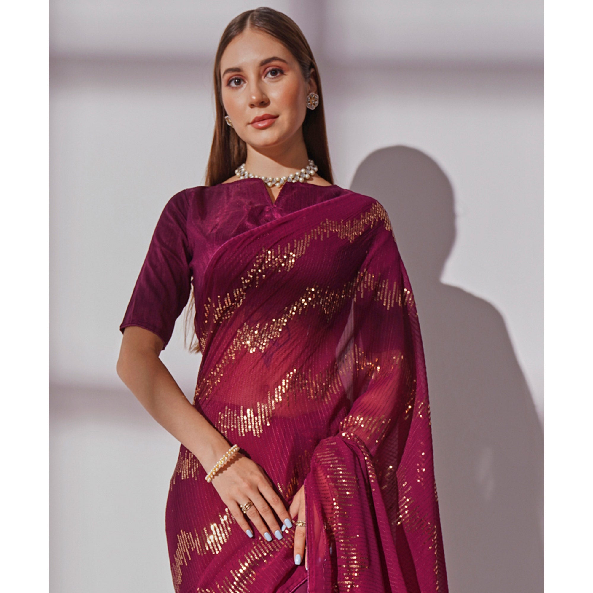 Wine Sequins Embroidered Georgette Saree