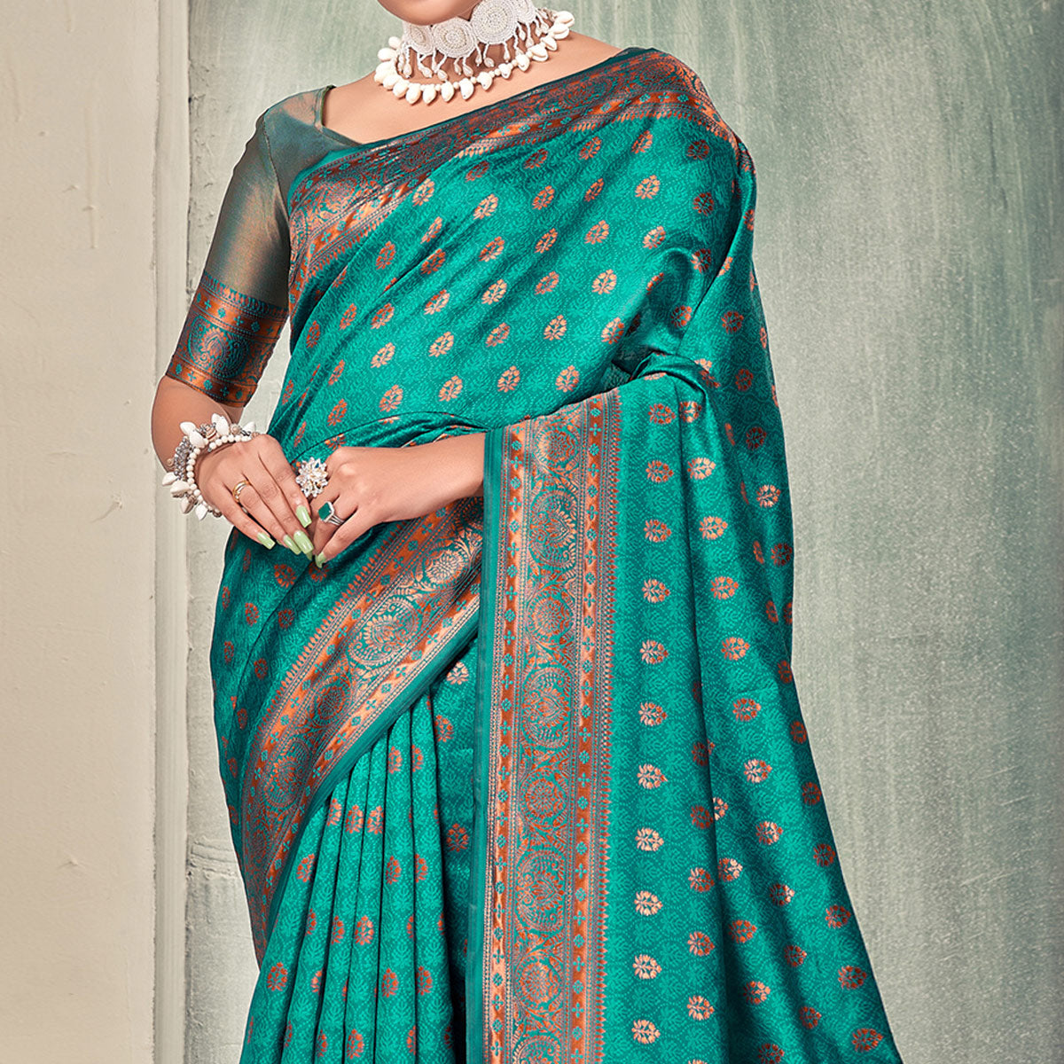 Turquoise Woven Art Silk Saree With Tassels